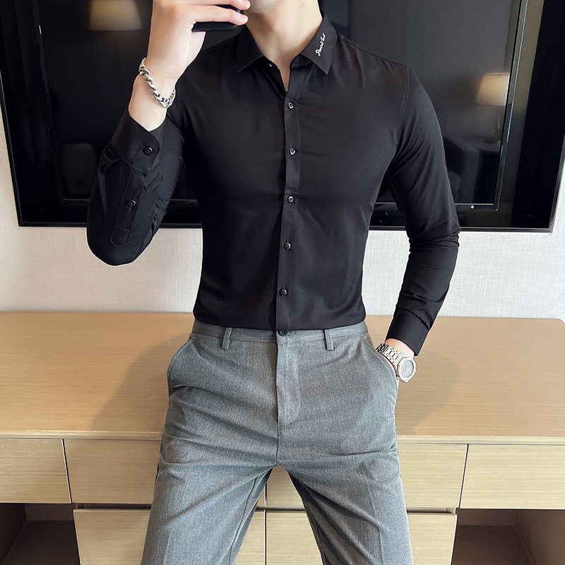 WG2春秋季新款衬衣男士韩版潮流休闲打底衬衫男上衣修身长袖衬衫