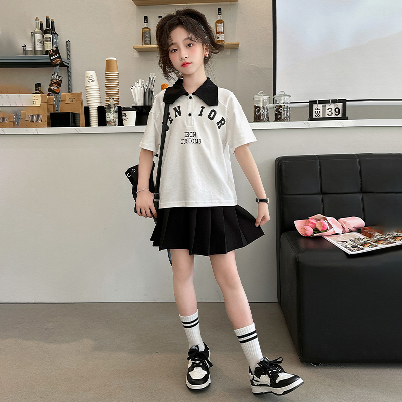 女童夏装polo衫套装2024新款洋气女大童夏季短袖儿童百褶裙两件套