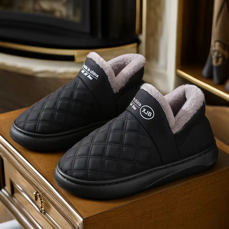 冬季厚底皮面包跟棉拖鞋女居家室内情侣保暖鞋防水防滑加厚月子鞋