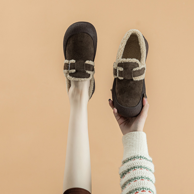 牛皮加绒勃肯鞋秋冬季羊毛豆豆鞋百搭女外穿毛毛鞋大码女鞋41-43