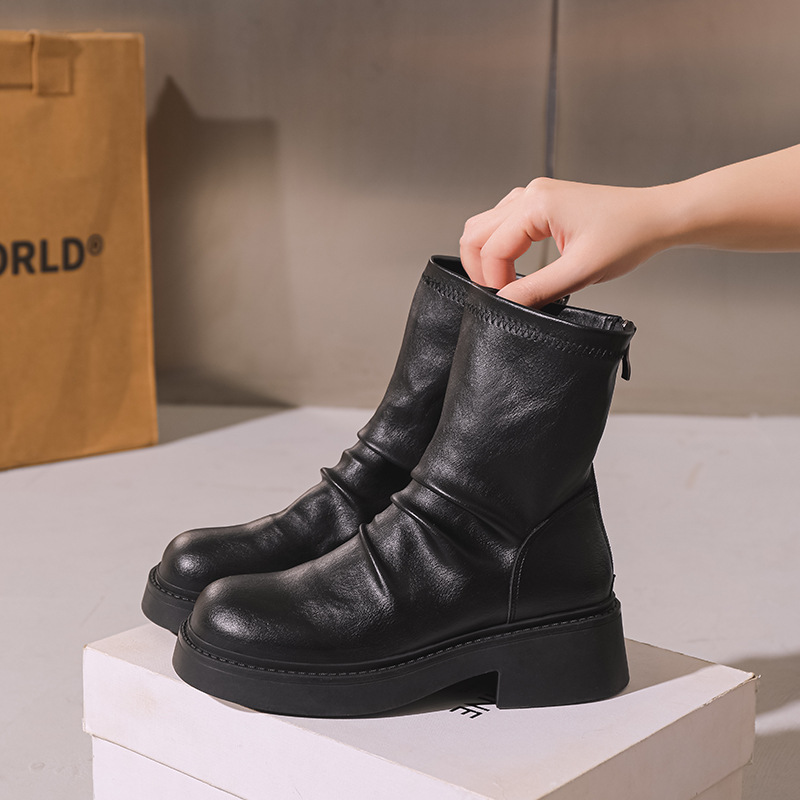 马丁靴厚底英伦褶皱粗跟加绒短靴女弹力堆堆靴2024秋冬新款大码