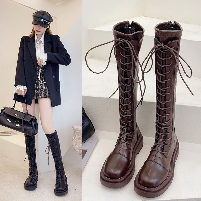 冬款高版本后拉链长筒靴女冬新款不过膝马丁靴显瘦高筒靴英暖a