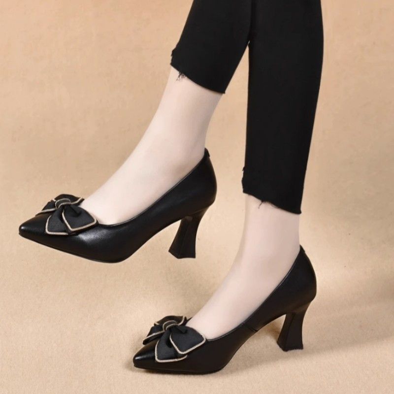 新款高跟鞋女细跟蝴蝶结气质名媛2023年新款尖头黑色职业工作鞋暖