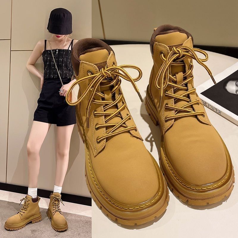 马丁靴女2023年大黄靴女鞋爆款冬季厚底防滑靴子高帮系带加厚短靴