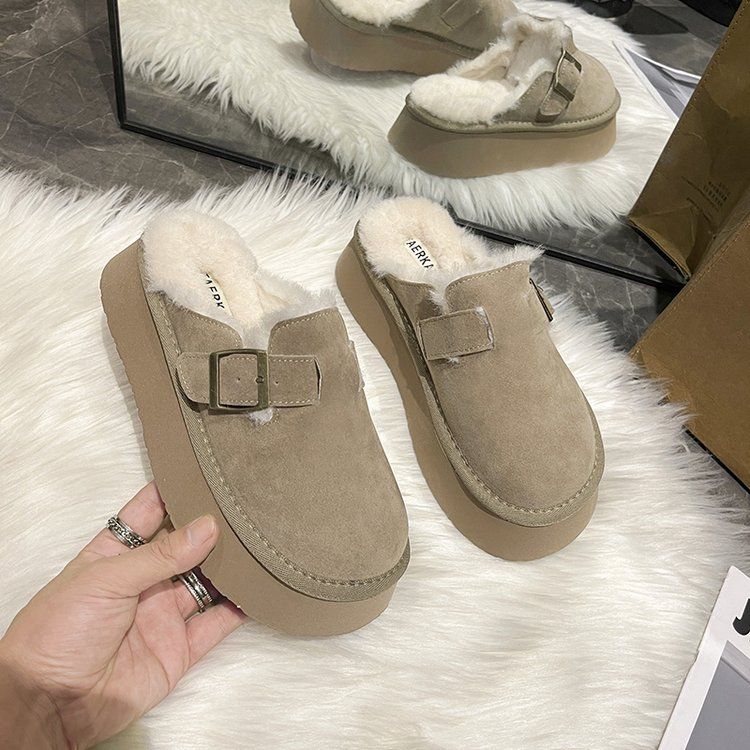新款毛毛鞋女外穿2023年新款秋冬厚底包头半拖鞋防滑棉鞋女加绒雪