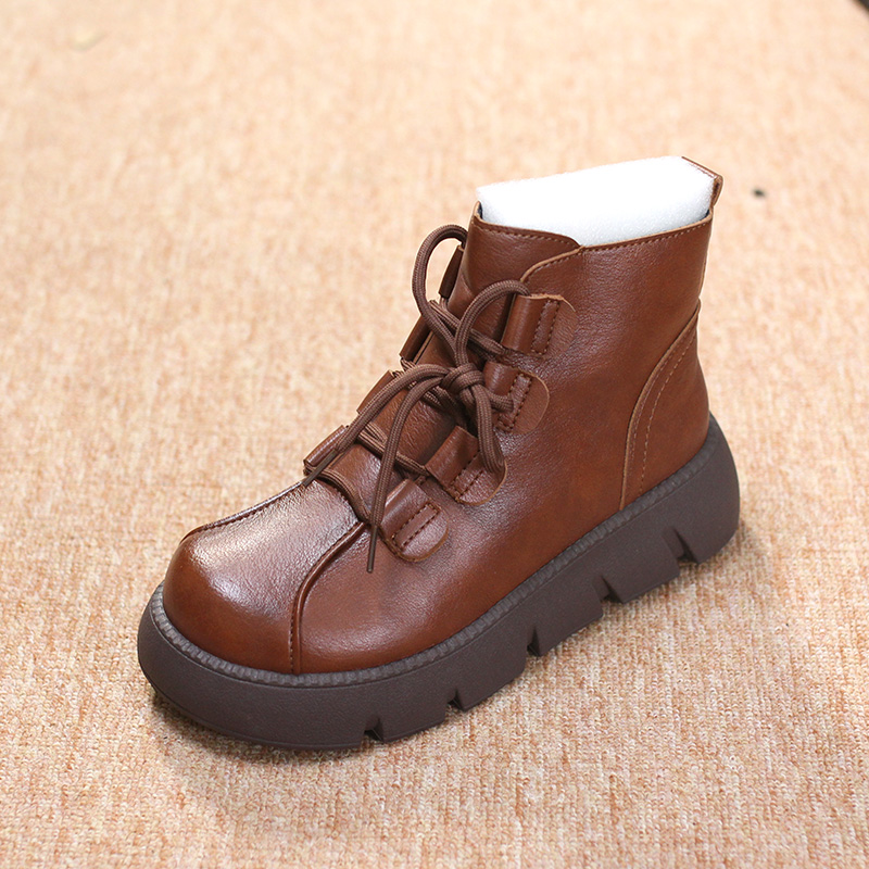 休闲百搭女靴子保暖软底厚底l软皮女鞋秋冬款复古手工女鞋加绒