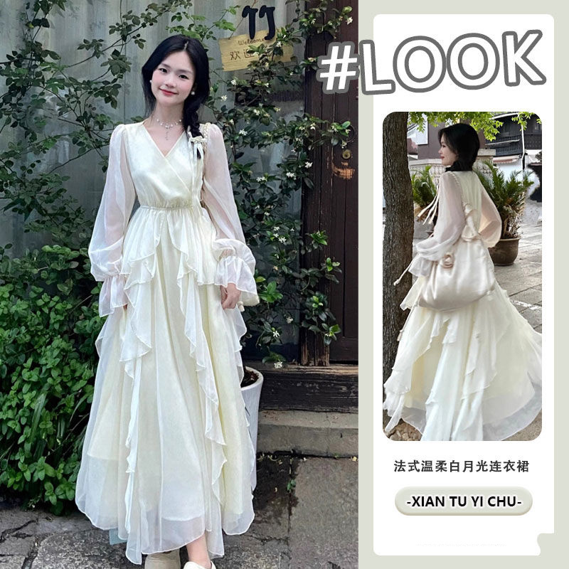 长袖连衣裙2024年春夏新款温柔风奶白色初恋仙女裙子v领显瘦长裙