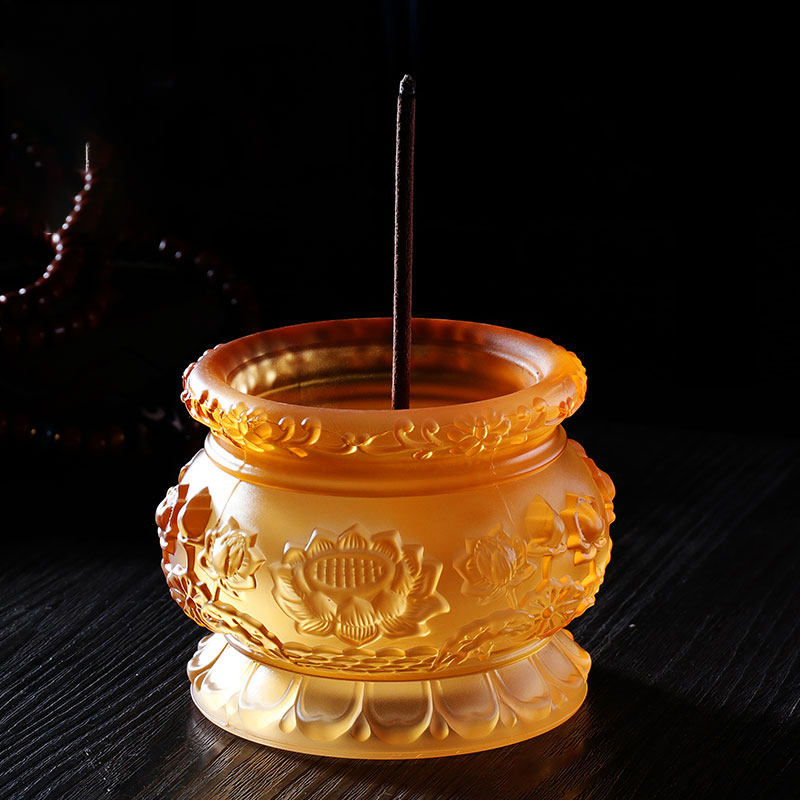 茶香道用品 水琉璃莲花盘香炉 家用插香薰炉 3.5寸琥珀色