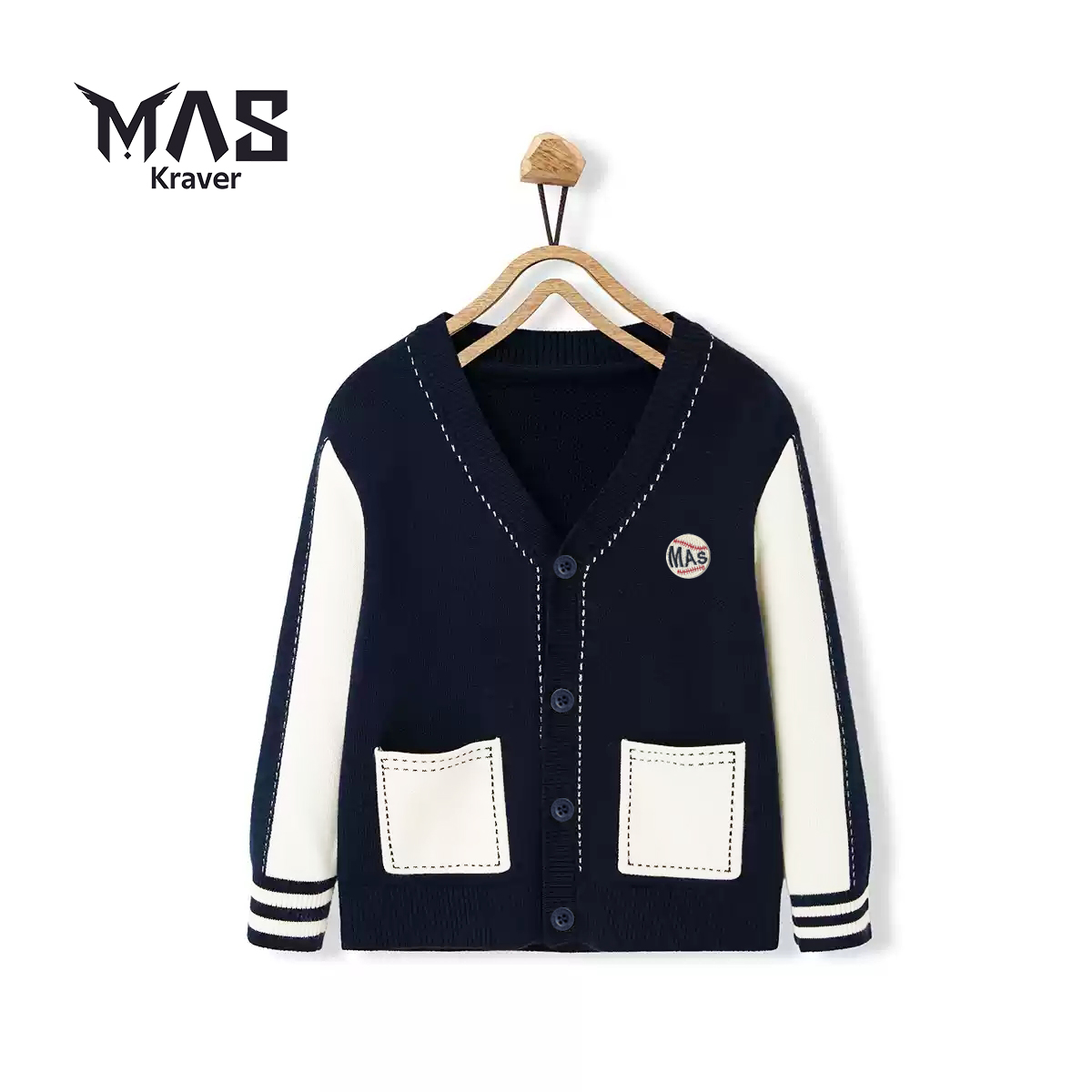 Mas Kraver童装儿童秋季新品学院风经典小熊撞色V领毛衣开衫