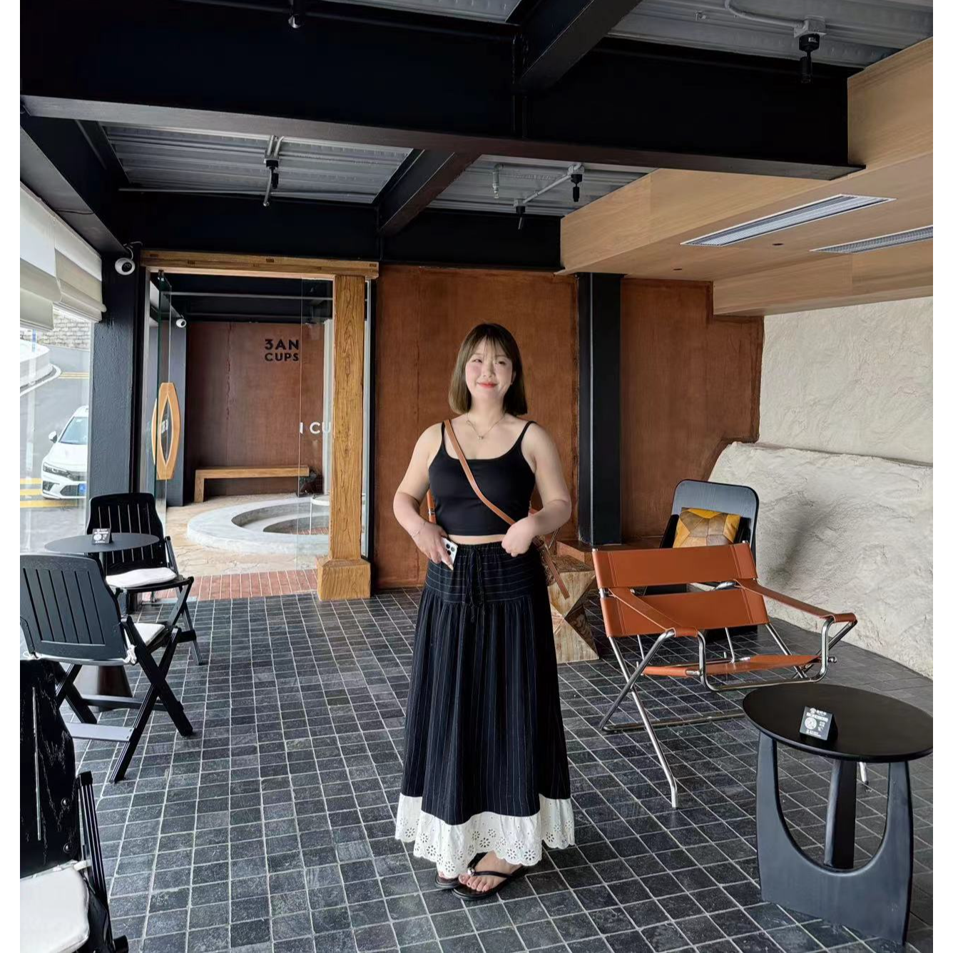 ROUNING 亚麻竖条纹花边半身裙