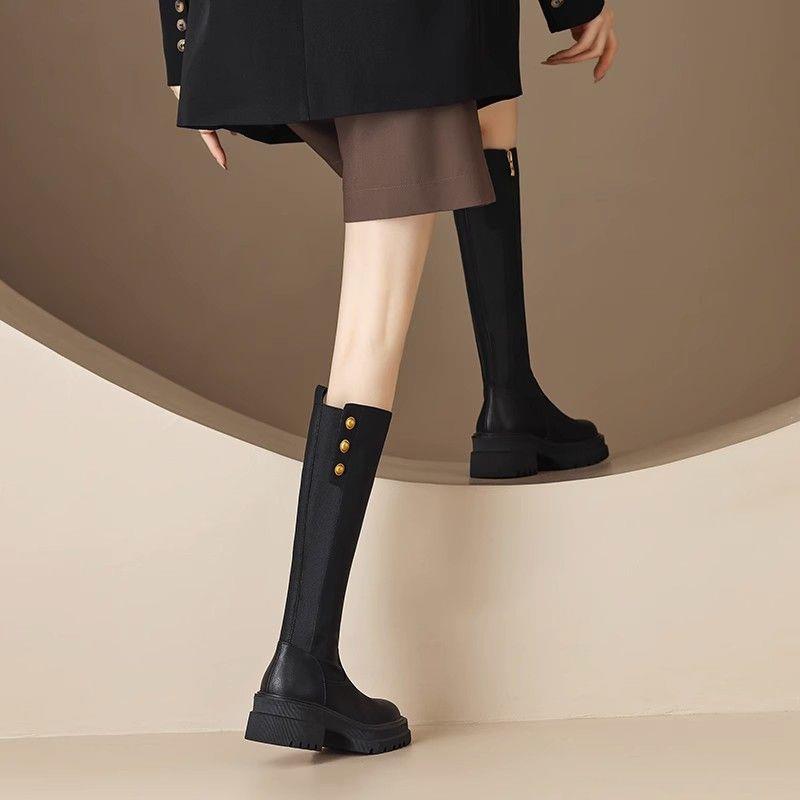 复古真软皮圆头厚底骑士长靴女秋冬百搭粗跟侧拉链长筒靴女小个子