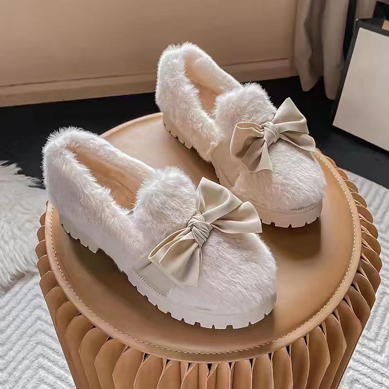 毛毛鞋女外穿2022年新款秋冬季加绒棉鞋厚底粗跟高跟豆豆鞋