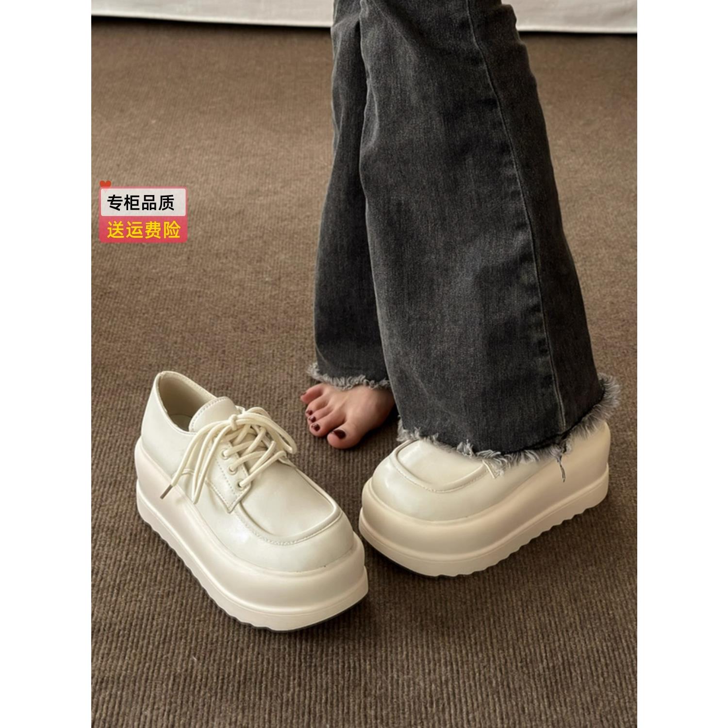 英伦风白色小皮鞋女2023年春夏新款小个子增高鞋厚底8CM松糕鞋女