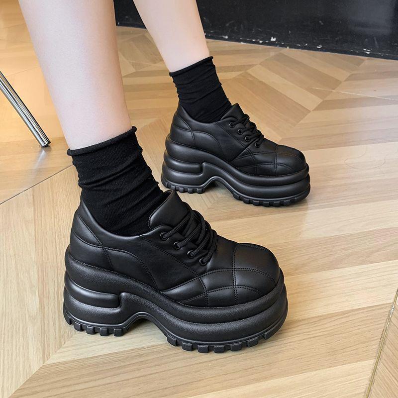 厚底面包松糕单鞋女2023秋季新款日系小众设计增高复古系带小皮鞋