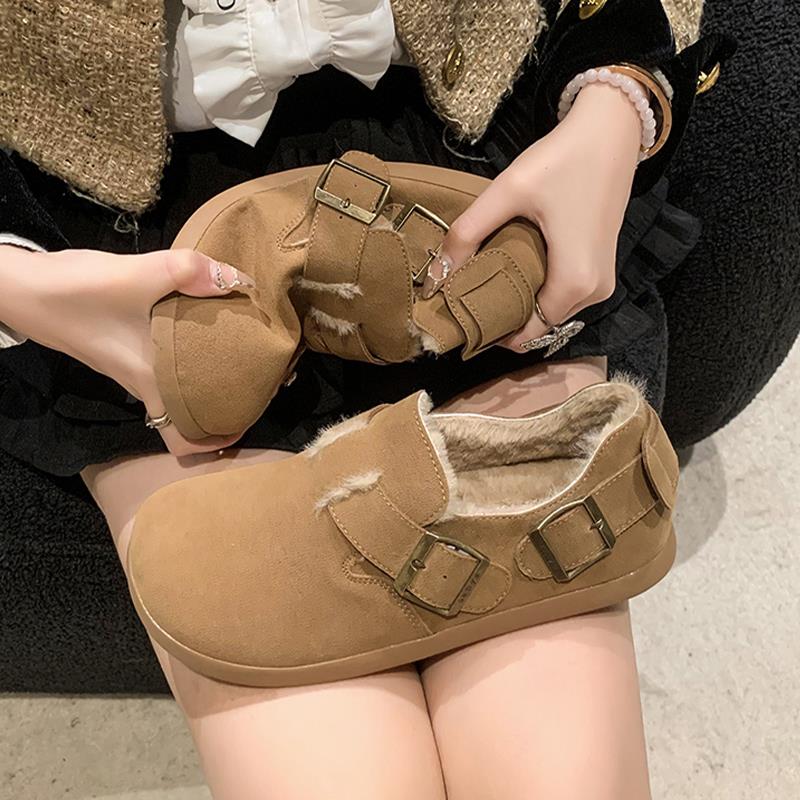 勃肯鞋女加绒豆豆鞋2023新款秋冬季一脚蹬毛毛鞋平底软底博肯棉鞋
