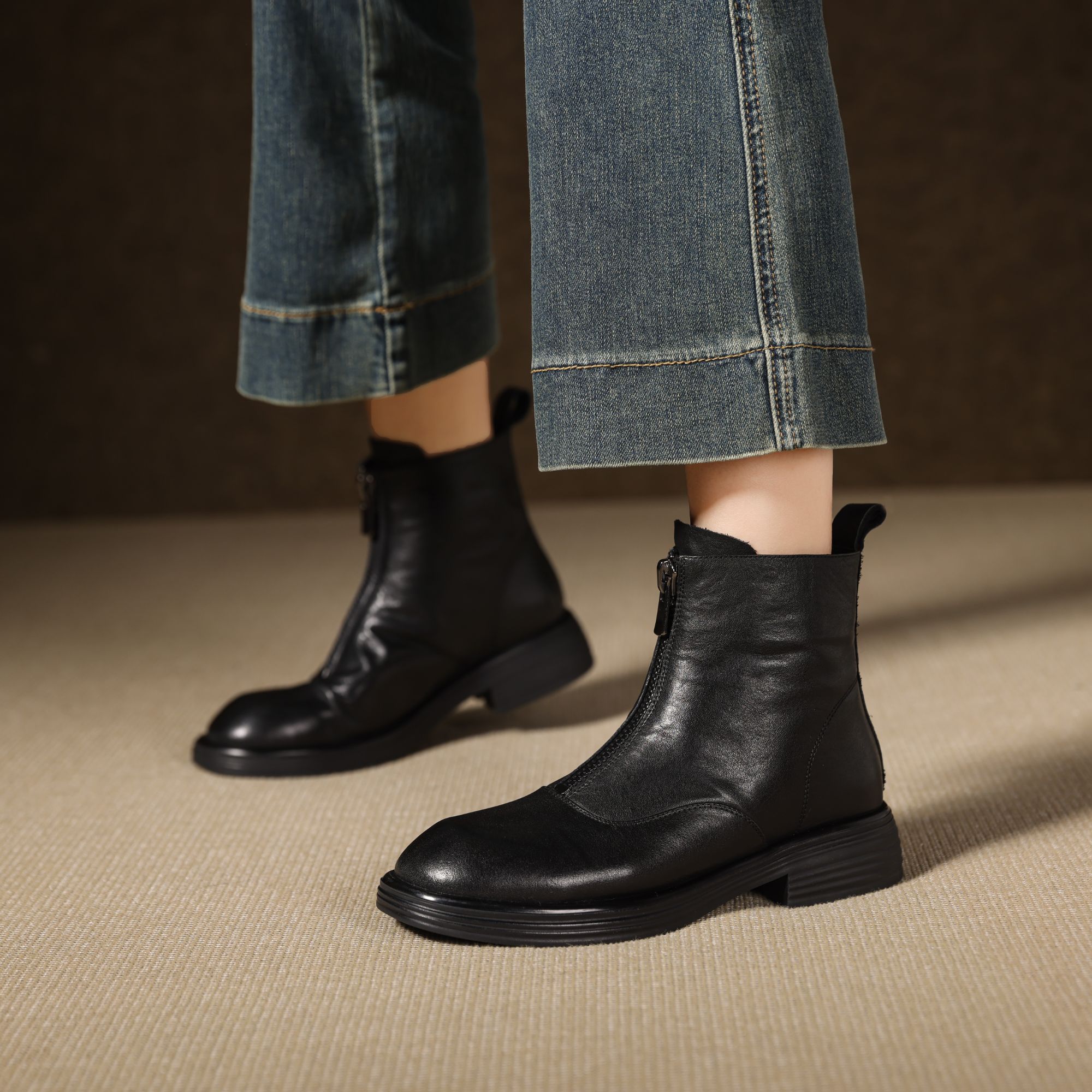 DL41X/牛皮/3cm粗跟时尚百搭通勤马丁靴前拉链靴子