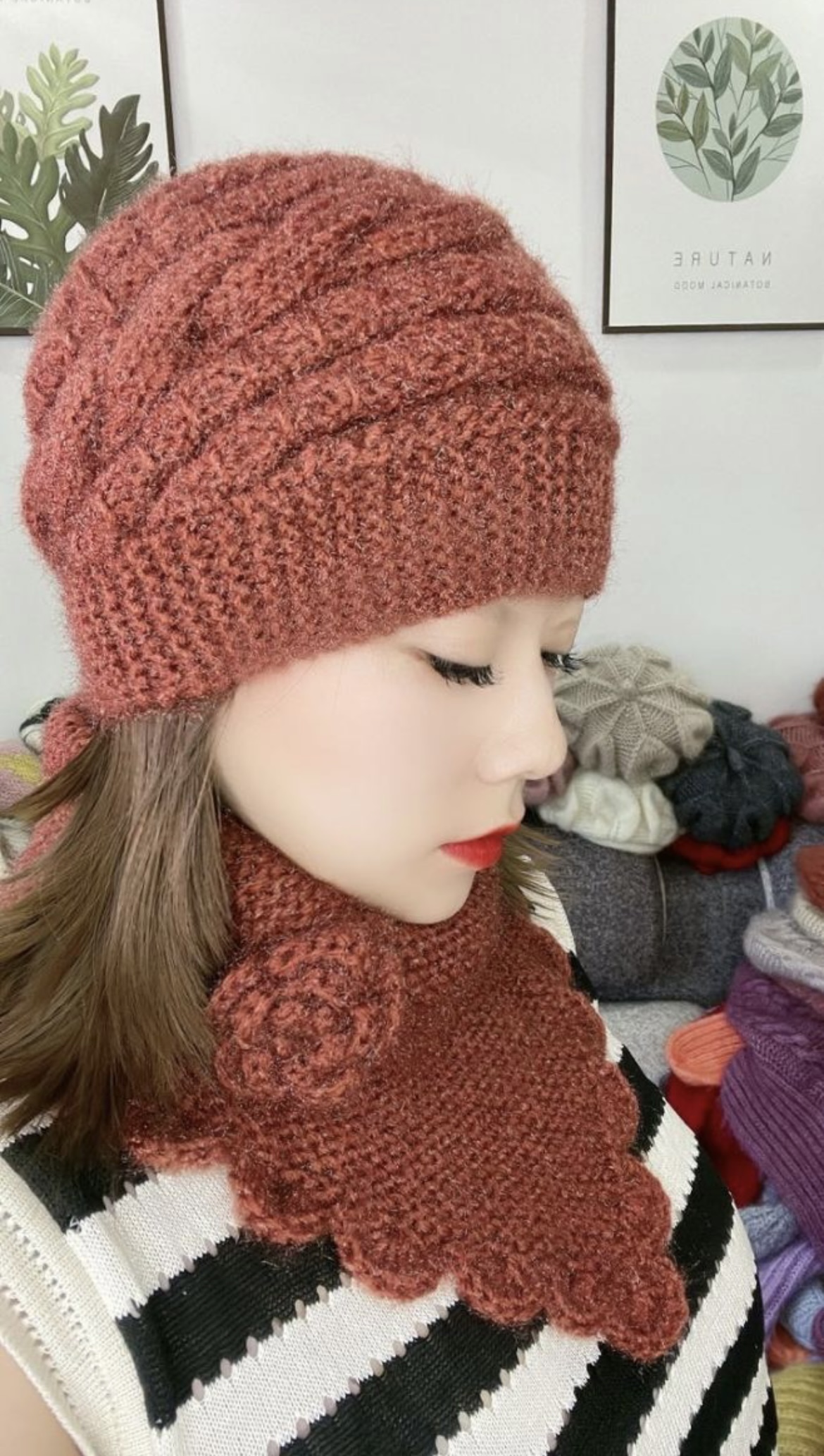 纯手工编织富贵金钱花套帽松鼠绒毛线帽百搭