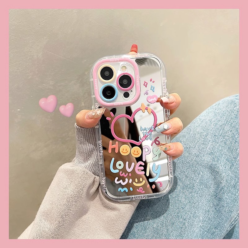适用苹果15promax手机壳镜面粉色英文爱心iPhone14pro网红可爱女
