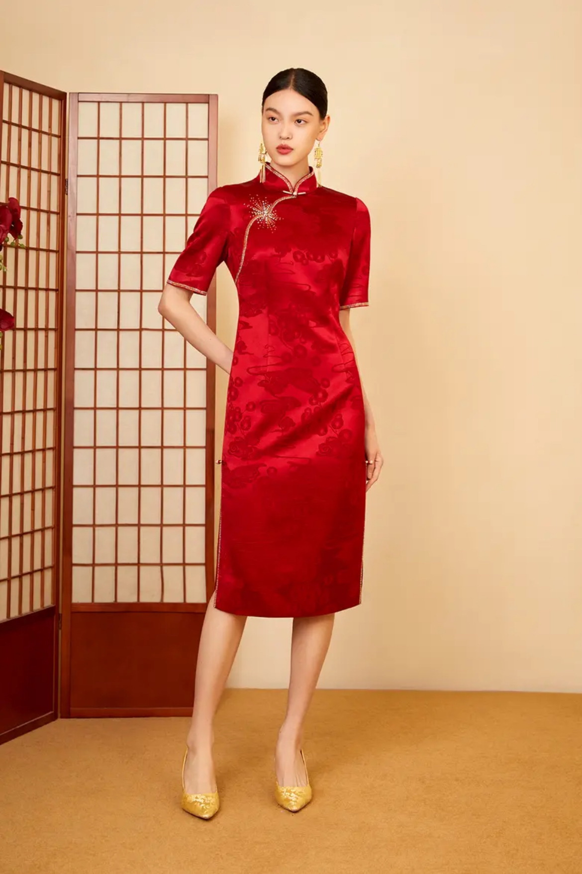 17956六礼旗袍夏季婚礼复古大码婆婆红色绣花高贵婚庆礼服婚宴