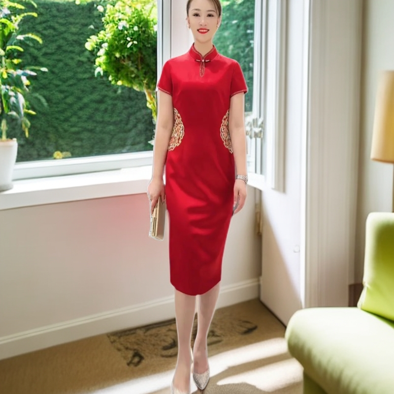 17516中国风旗袍气质显瘦中长款复古中式修身时尚优雅高贵酒红色