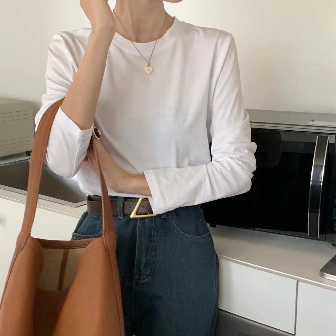 伟丽店 2650 【韩国正肩长袖T恤】新款时尚百搭宽松简约纯色上衣