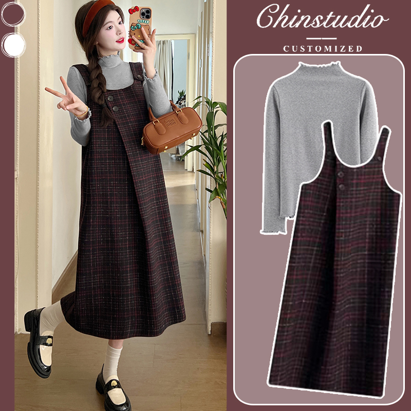 孕妇连衣裙秋冬2024新款法式穿搭攻略洋气显瘦背带裙两件套装时尚