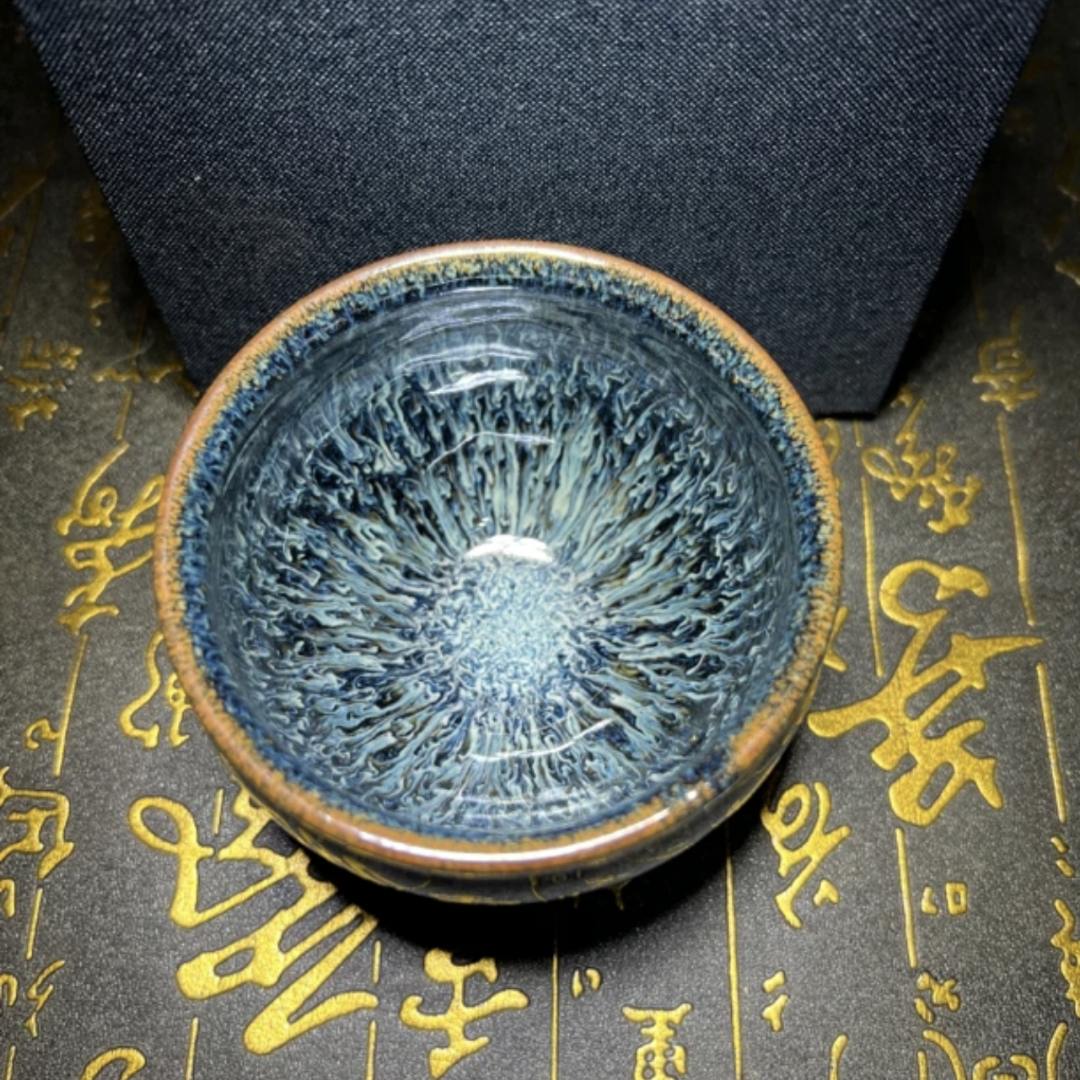 【山川茶器】建盏茶盏花色金丝蓝孔雀釉面将军器型手工高端主人杯