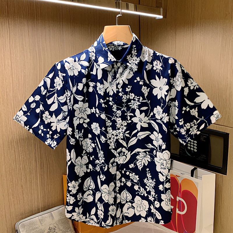 夏季薄款休闲印花短袖衬衫男复古轻奢范棉质透气男士微宽松衬衣男