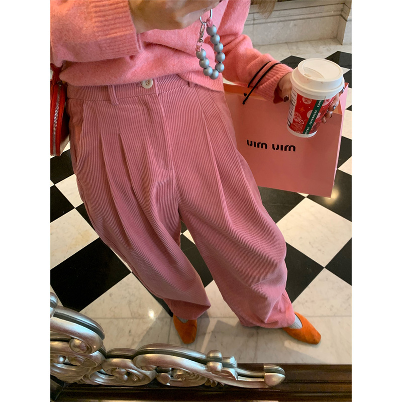 落落狷介 粉色灯芯绒裤子宽松阔腿裤女新款秋冬款小个子显高