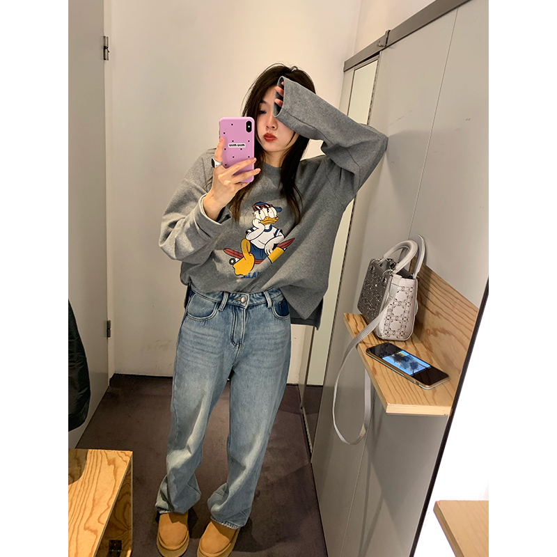 落落狷介 灰色长袖T恤打底衫女秋冬2022年新款印花宽松上衣小个子