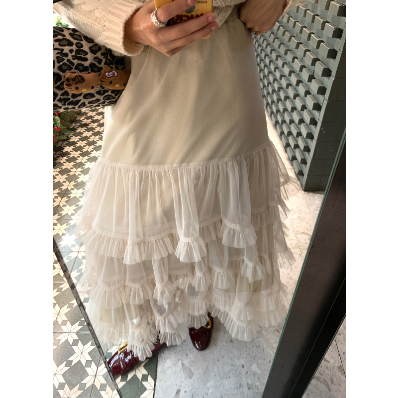 落落狷介 半身裙女2024年新款秋冬款小个子白色网纱蛋糕裙a字裙
