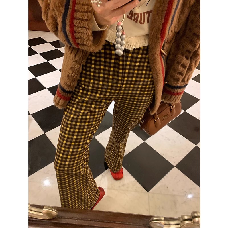 落落狷介裤子女秋冬款2023年新款格子喇叭裤小个子显瘦长裤格子裤