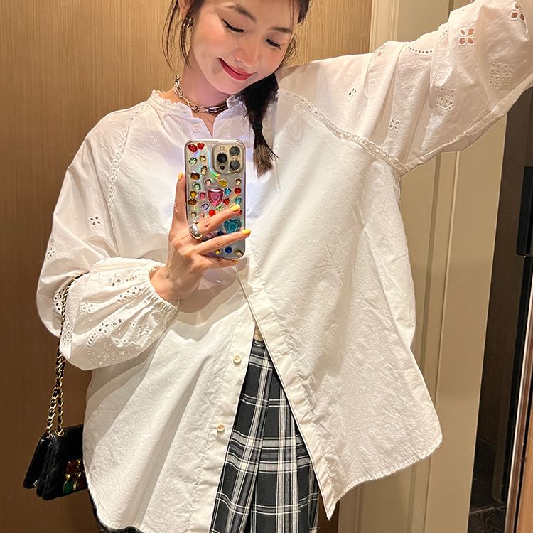 落落狷介 白色别致绝美上衣法式女2023年新款小个子宽松上衣长袖