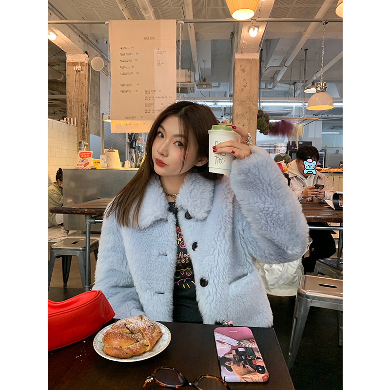 落落狷介 毛毛外套秋冬2024新款小个子短款蓝色保暖外套显瘦