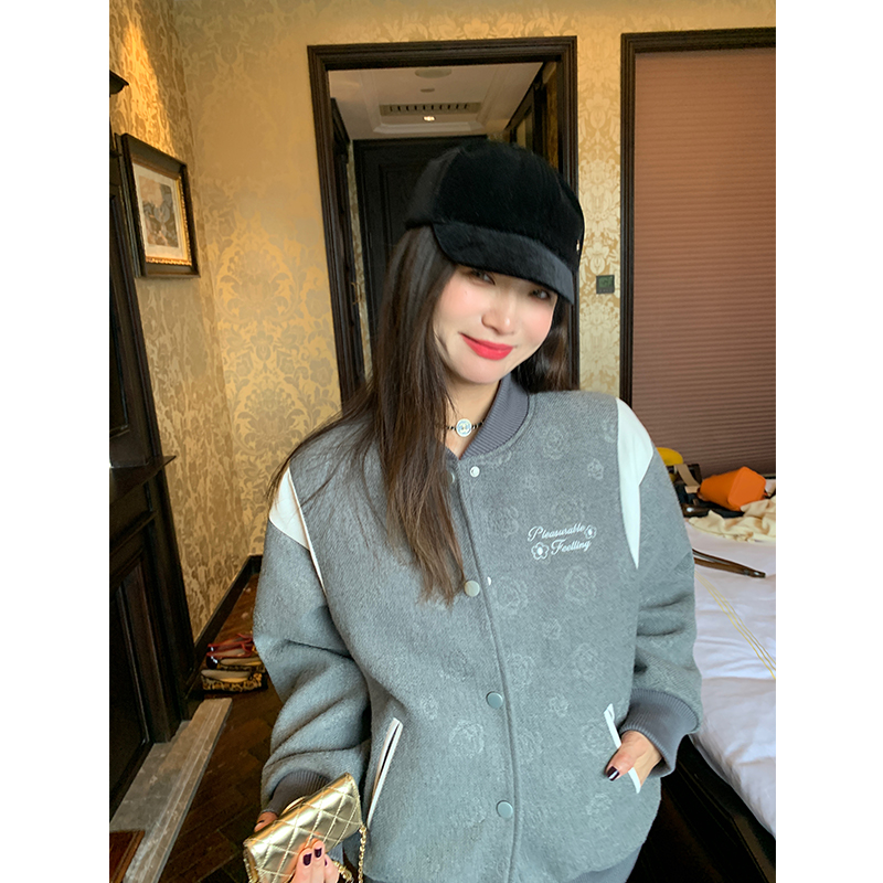 落落狷介棒球服女2025年新款小个子灰色深秋初冬外套小众呢子外套