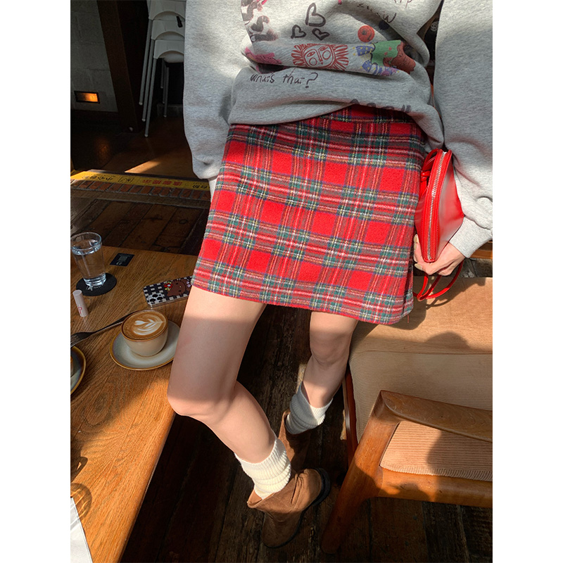 落落狷介 毛呢格子半身裙秋冬款新款红色包臀裙小个子半裙女