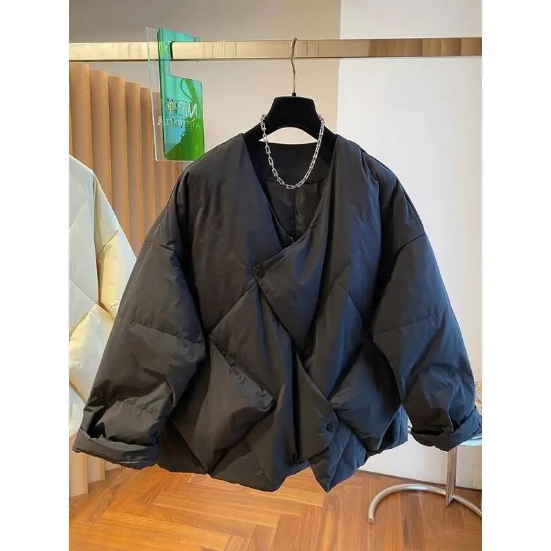 欧货高级设计感小众宽松休闲A字版V领羽绒服女冬季保暖羽绒服外套