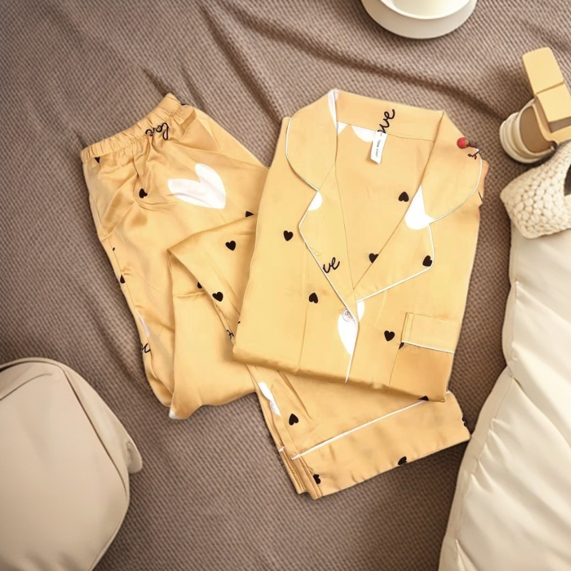 春夏季长袖长裤冰雪丝女款网红印花睡衣休闲宽松舒适家居服套装