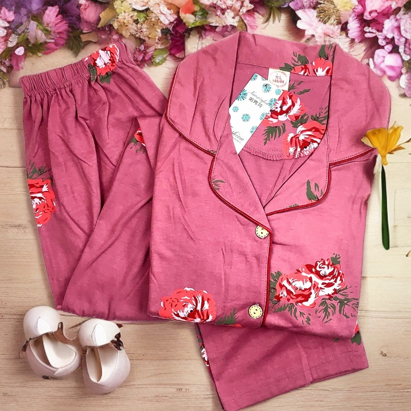 春秋薄款女士纯棉睡衣休闲长袖长裤玫瑰印花家居服套装睡衣女套装