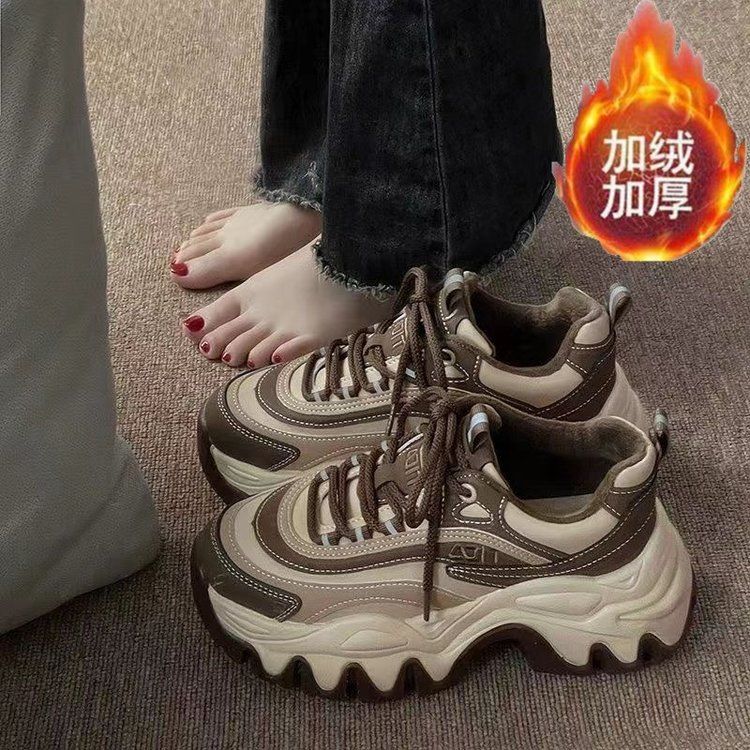 欧洲网红秋冬百搭韩版黑色胶粘站超火增高老爹鞋女春季新款厚底