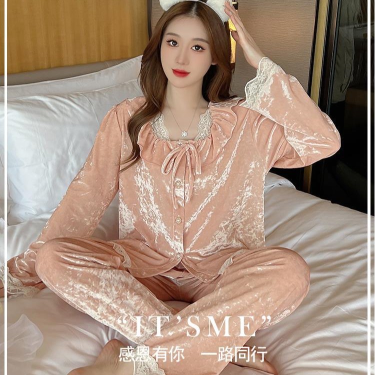 新款金钻绒复古睡衣女秋冬韩版蕾丝公主睡衣套装金丝绒仙女家居服