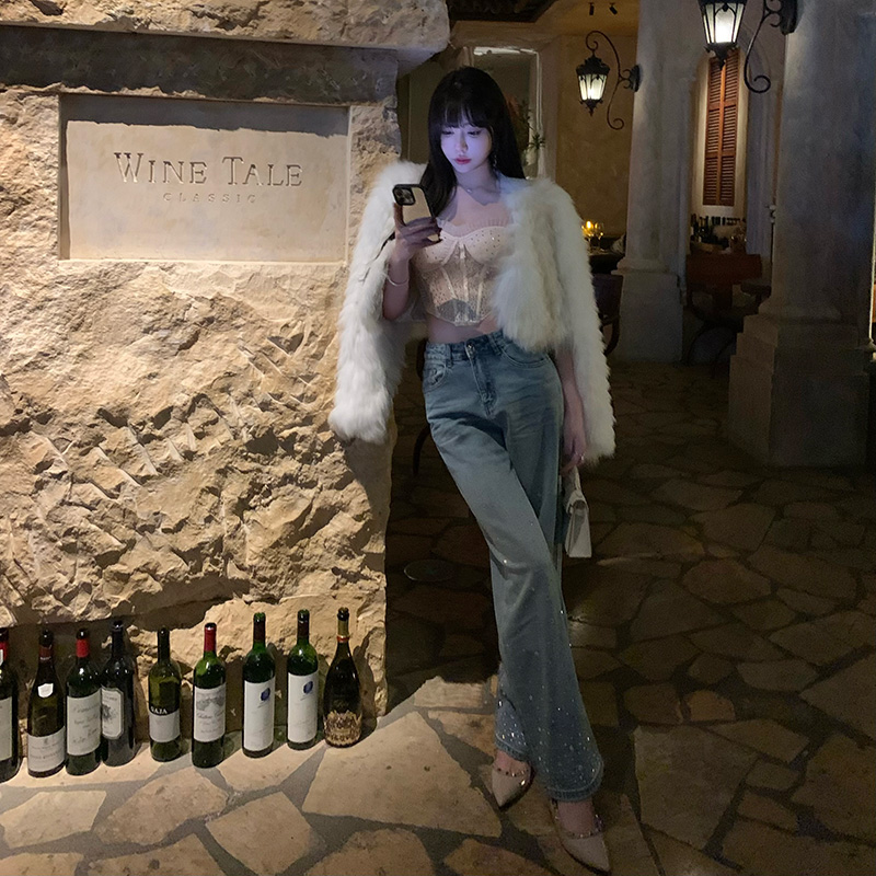  Liuu嘻嘻阿星河璀璨带钻直筒裤女设计感显瘦高腰宽松裤腿牛仔裤