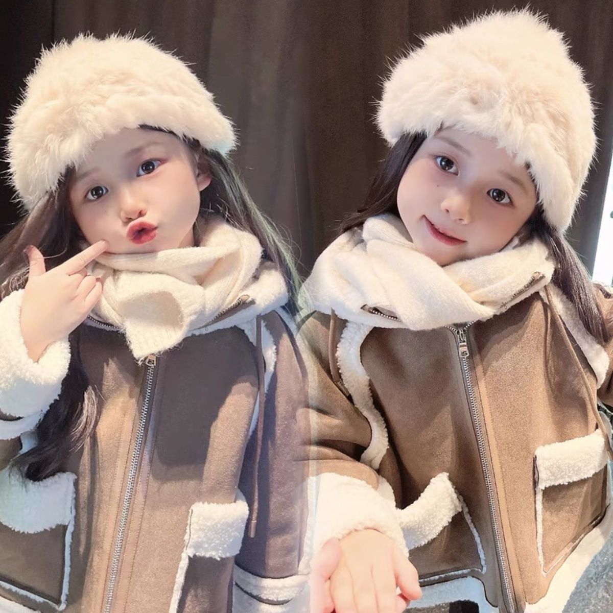 女童帽子秋冬2023新款儿童毛草包头帽手工韩版雪地加厚帽子可爱