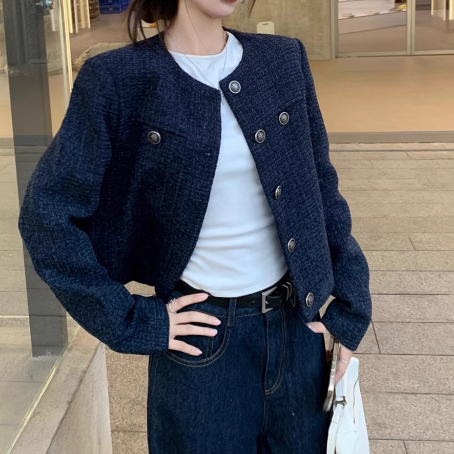 秋冬蓝色新款高级休闲短款外套长袖上衣气质粗花呢小香风外套2529