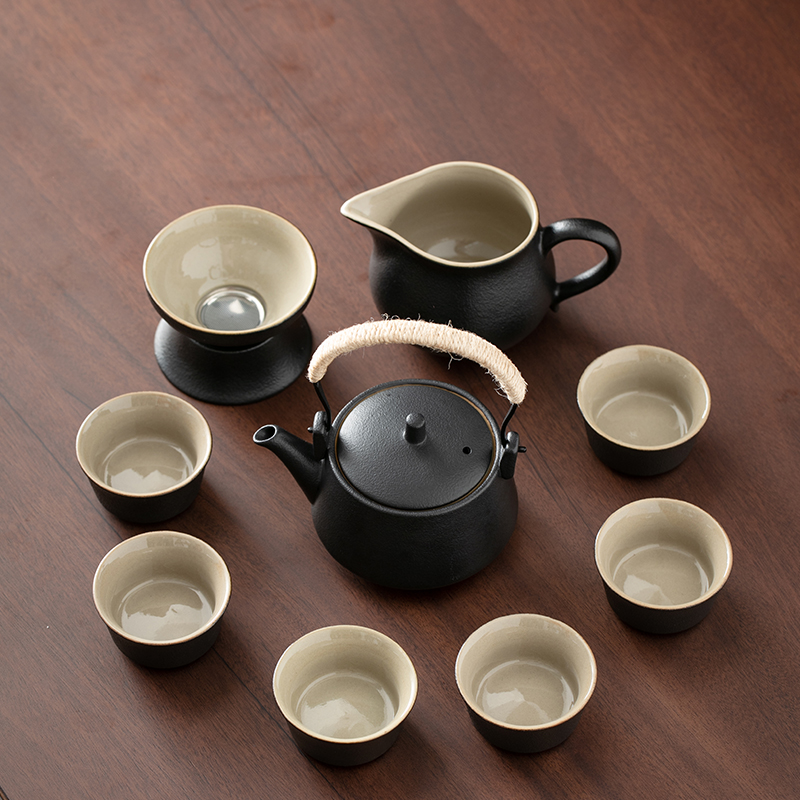 网红高档黑陶盖碗套装家用整套办公陶瓷茶杯侧把茶壶功夫茶具礼品