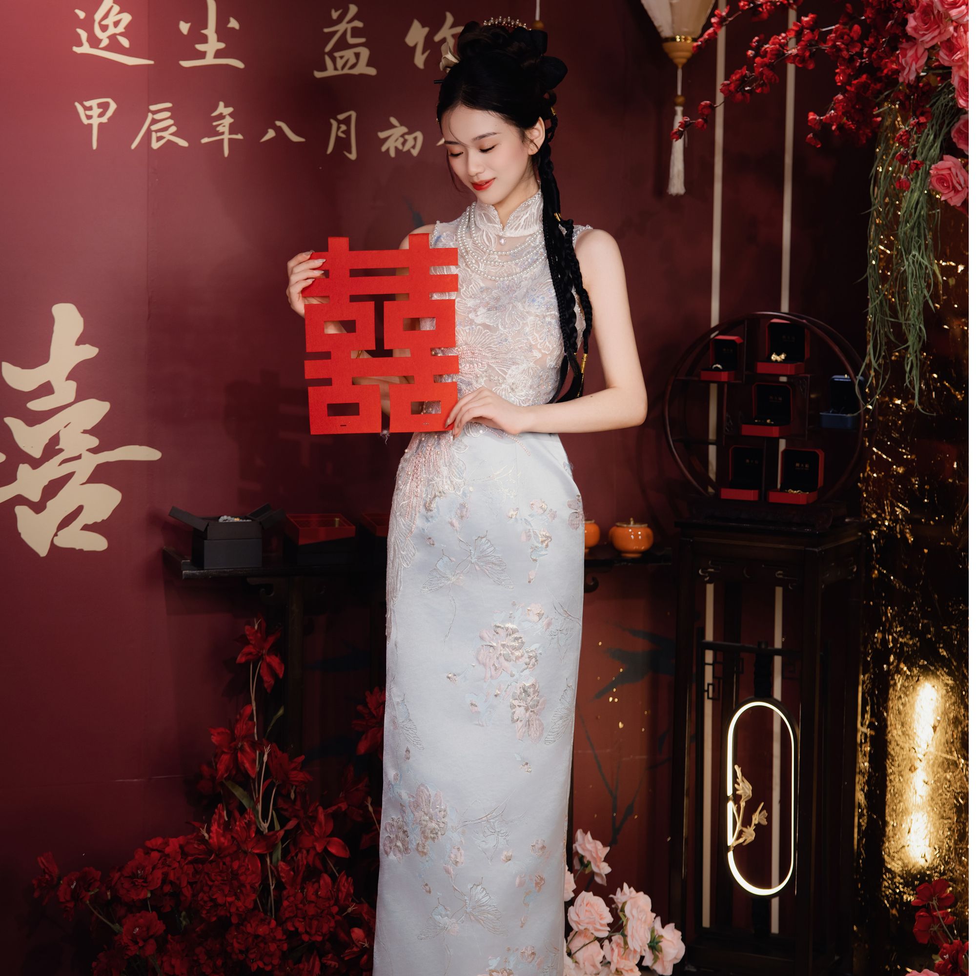 SSURMOON苏蔓•颜序国风礼服|国风素雅端庄浅蓝新中式订婚旗袍裙