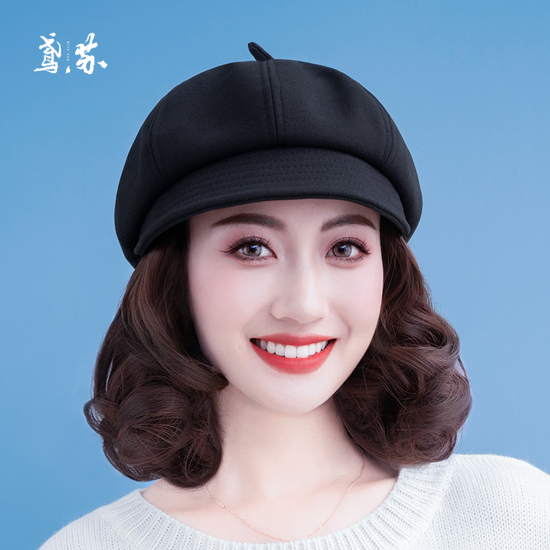 帽子假发一体女时尚2023新款短卷发贝雷帽秋冬中年妈妈帽子可拆卸