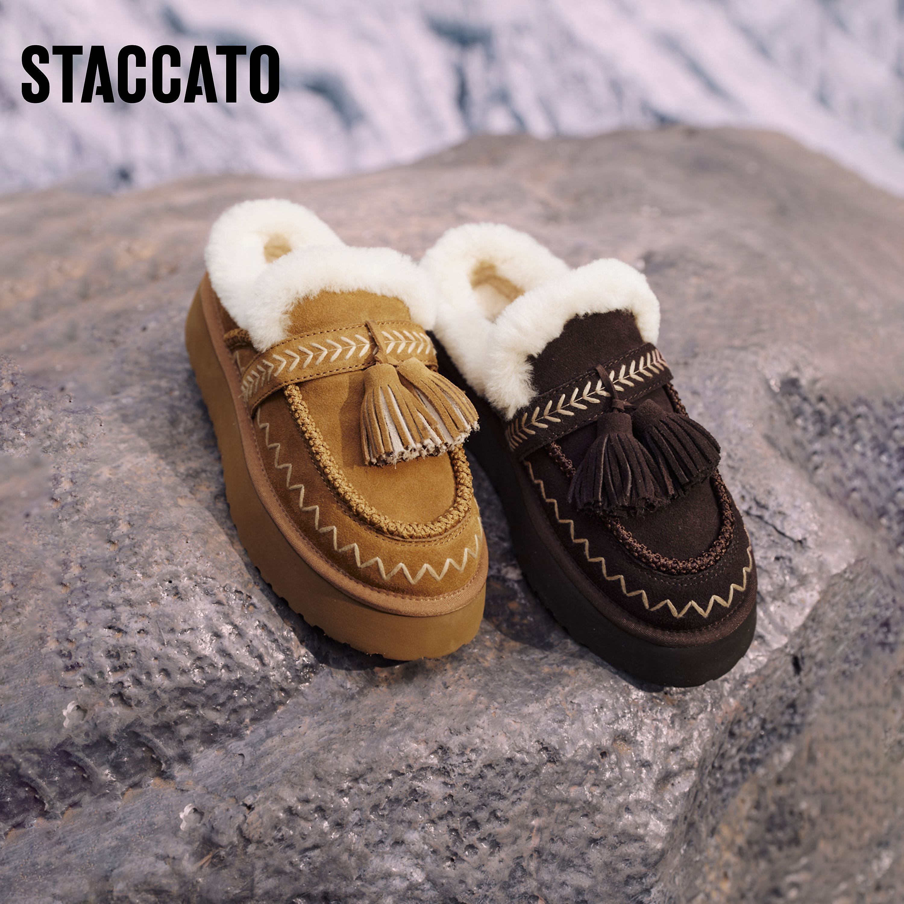 思加图冬季新款保暖毛毛鞋时尚雪地靴厚底增高穆勒拖D5124DD5