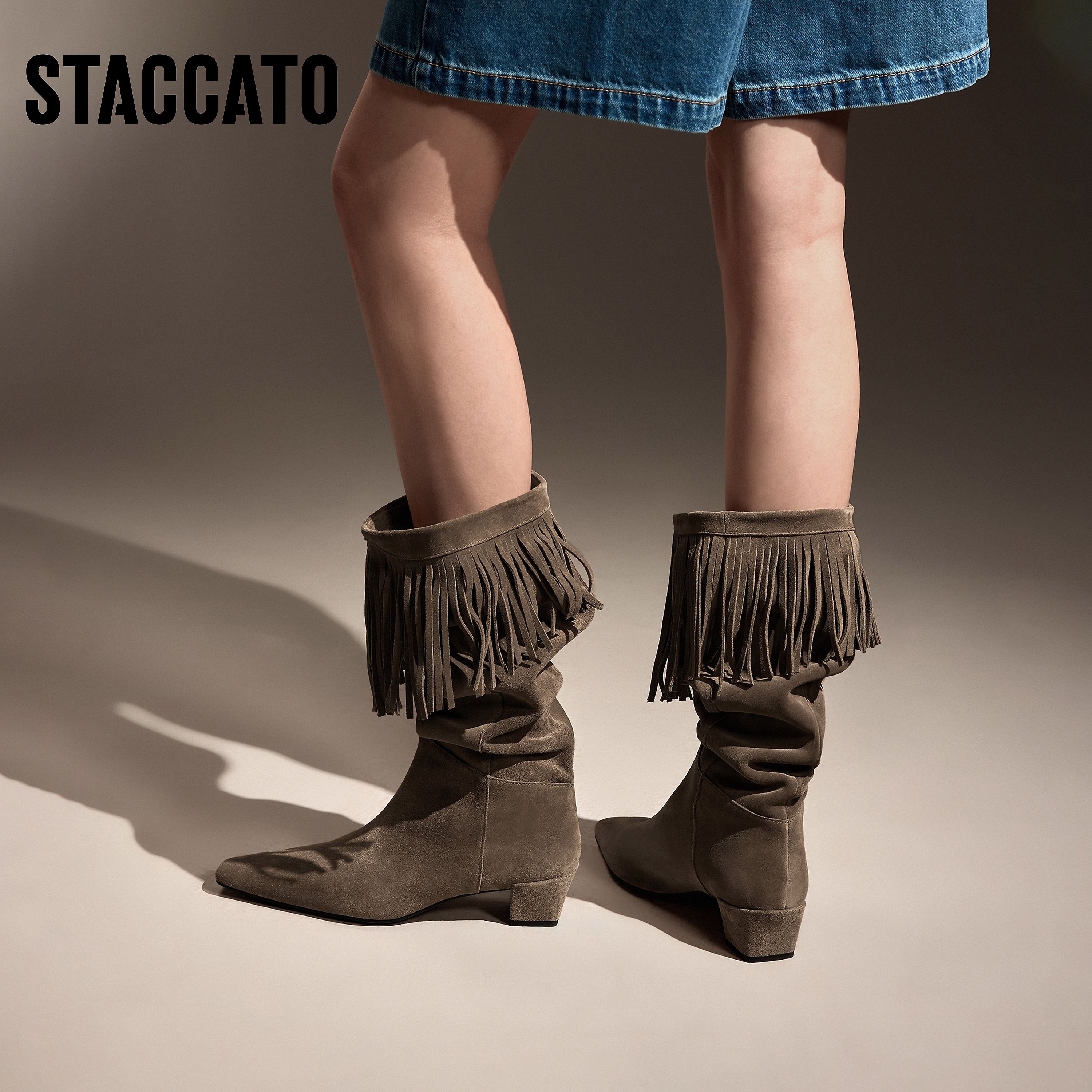 思加图冬季新款吉普赛女郎牛仔靴复古长靴高筒靴女靴9W002DG4