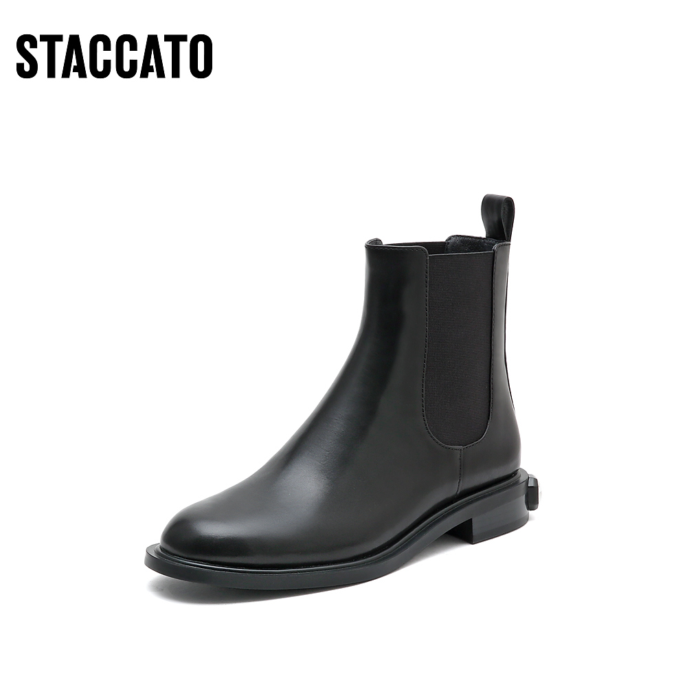 思加图冬季英伦简约百搭圆头牛皮通勤时尚切尔西短靴EFD01DD2